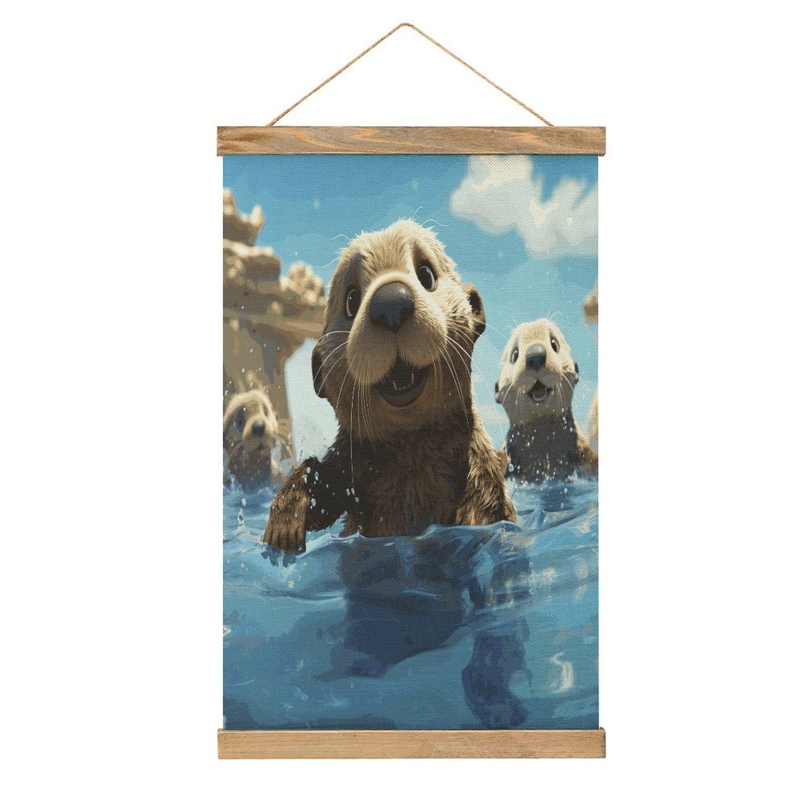 JTREHY Lovely Sea Otter Print Linen Hanging Painting Vintage Poster Wall Art Prints Personality Style Wall Hanging Poster for Living Room Office Bedroom Decor Frame 13.2 X 20.47 Inch