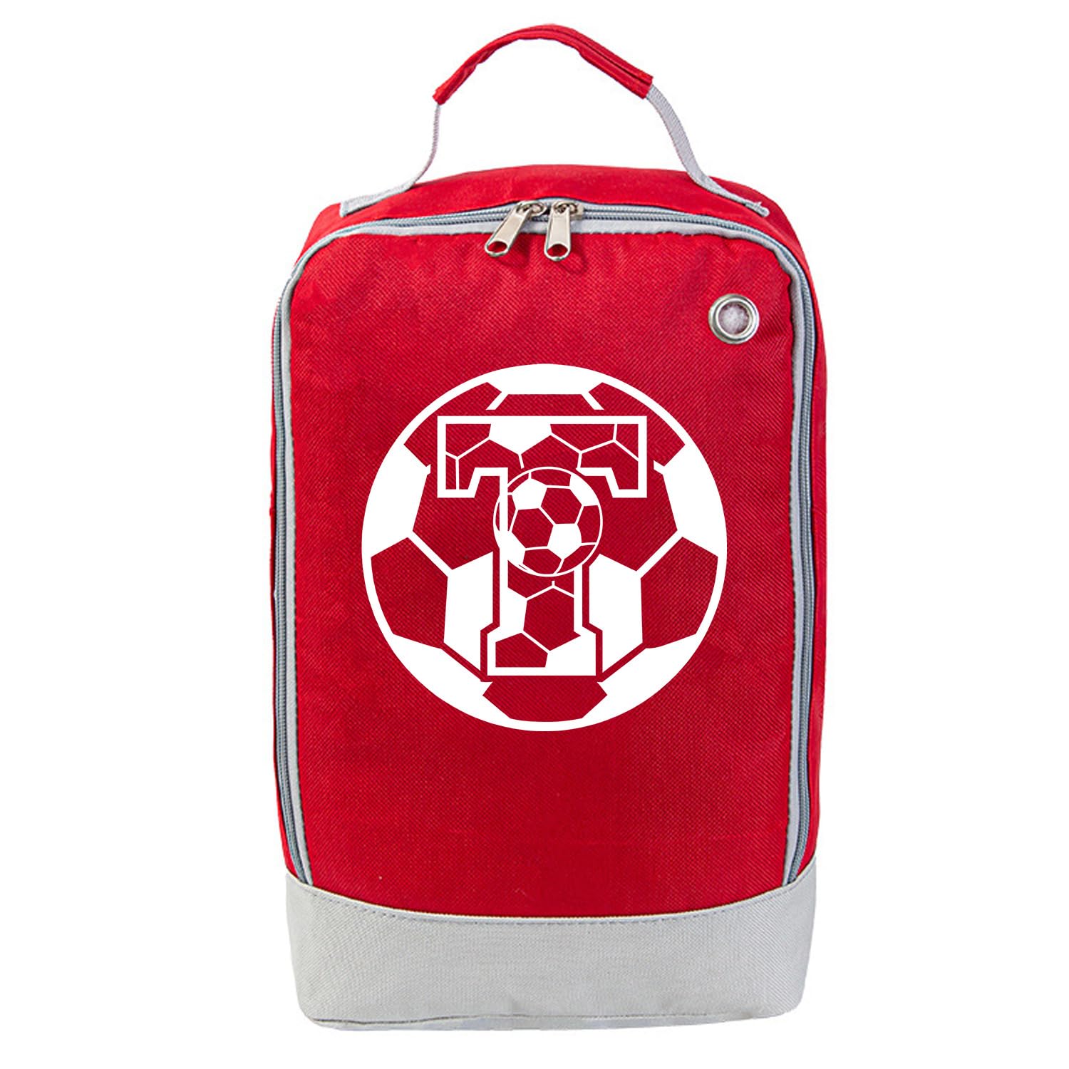 JOUWUI Personalised Football Boot Bag, Waterproof Sports Shoe Storage, Red and Grey Design with Initial, 20x10x32cm, for Boys, Girls, Adults, PE and School (Football Boot Bag, Initial T)