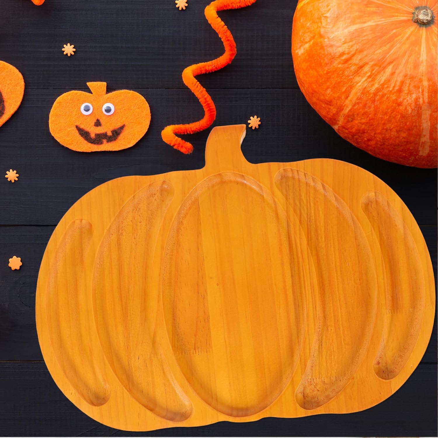 Halloween Pumpkin Charcuterie Board: 11.4Inch Wooden Serving Tray (Orange)