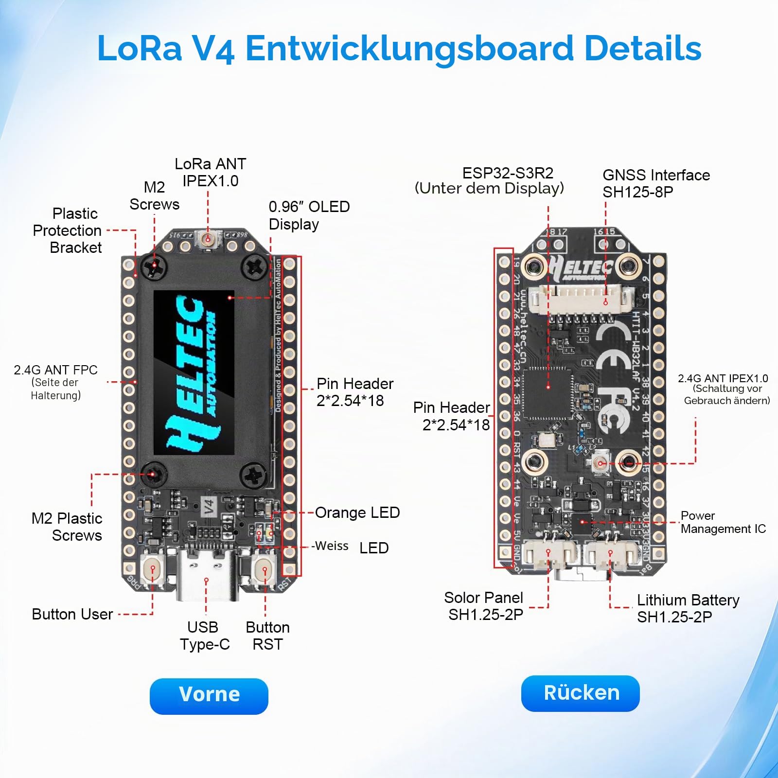 LoRa ESP32 V4 Entwicklungsboard mit 3000 mAh Akku,APKLVSR ESP32-S3 LoRa 32 V4 Modul mit OLED-Display,Schützendes Gehäuse,ESP32-S3 SX-1262 Chip,für Meshtastic IoT Arduino(2 Stück)