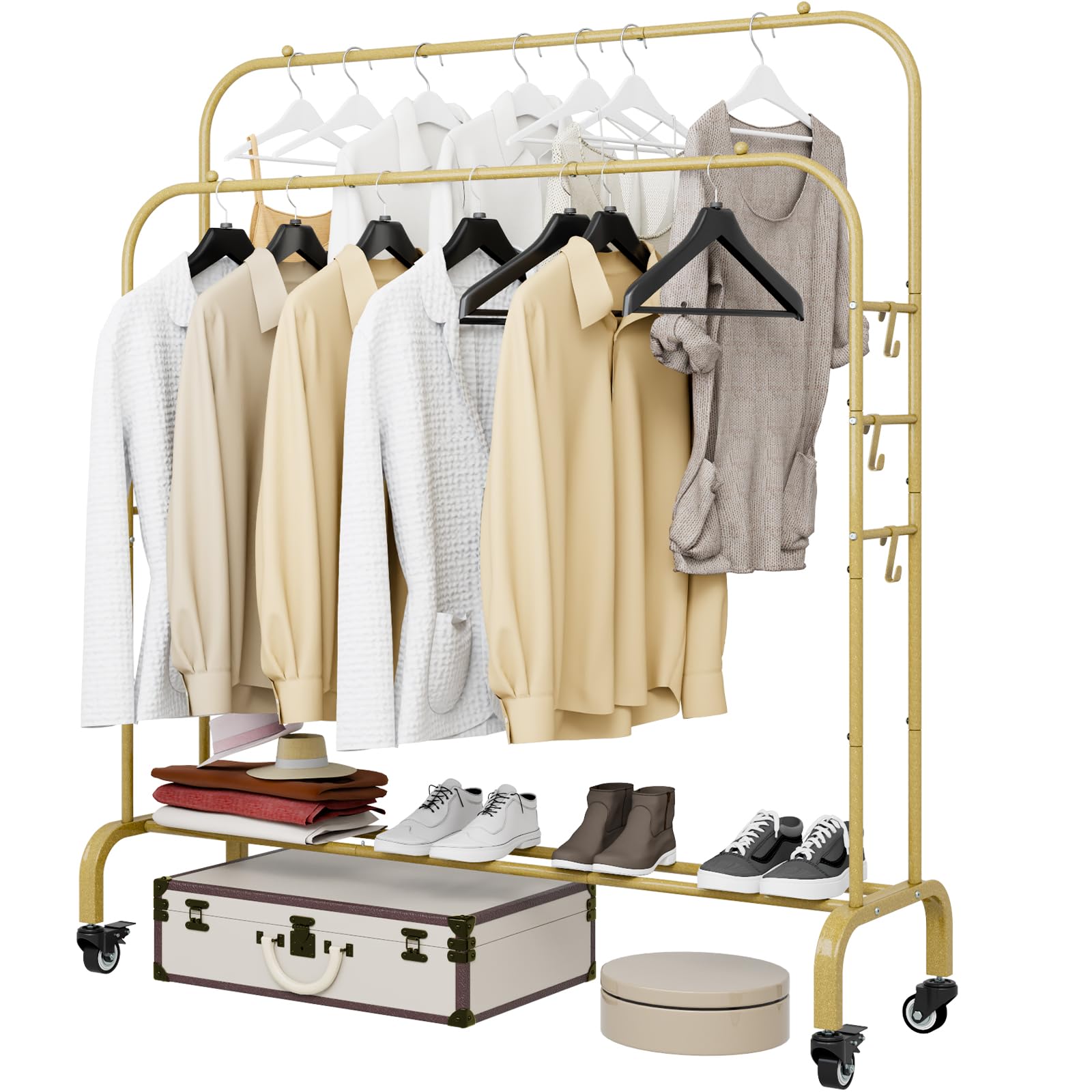 SUOERNUO Garment Rack with Wheels Clothing Rack for Hanging Clothes Multi-functional Bedroom Clothes Rack，Gold+Double Rods