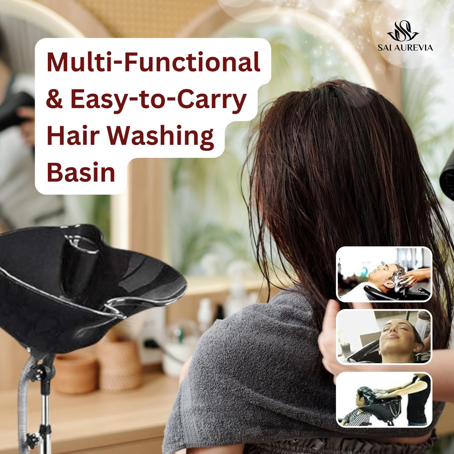 Portable Hairdressing Sink with Adjustable Stand | Black Plastic & Stainless Steel Basin | Salon Shampoo Bowl for Barber, Spa & Home Use | Lightweight, Durable & Easy to Clean Design