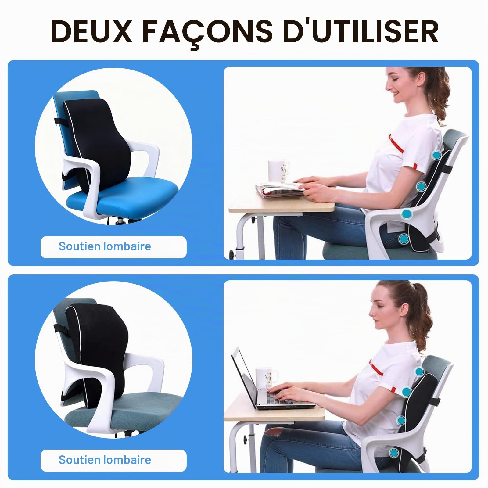 Coussin Lombaire Bureau, Coussin Ergonomique Assise, Coussin Dos en Mousse Memory, Coussin Lombaire Voiture pour Chaise de Bureau, Siège Auto, Canapé, Confort Dorsal, Coussins Lombaires