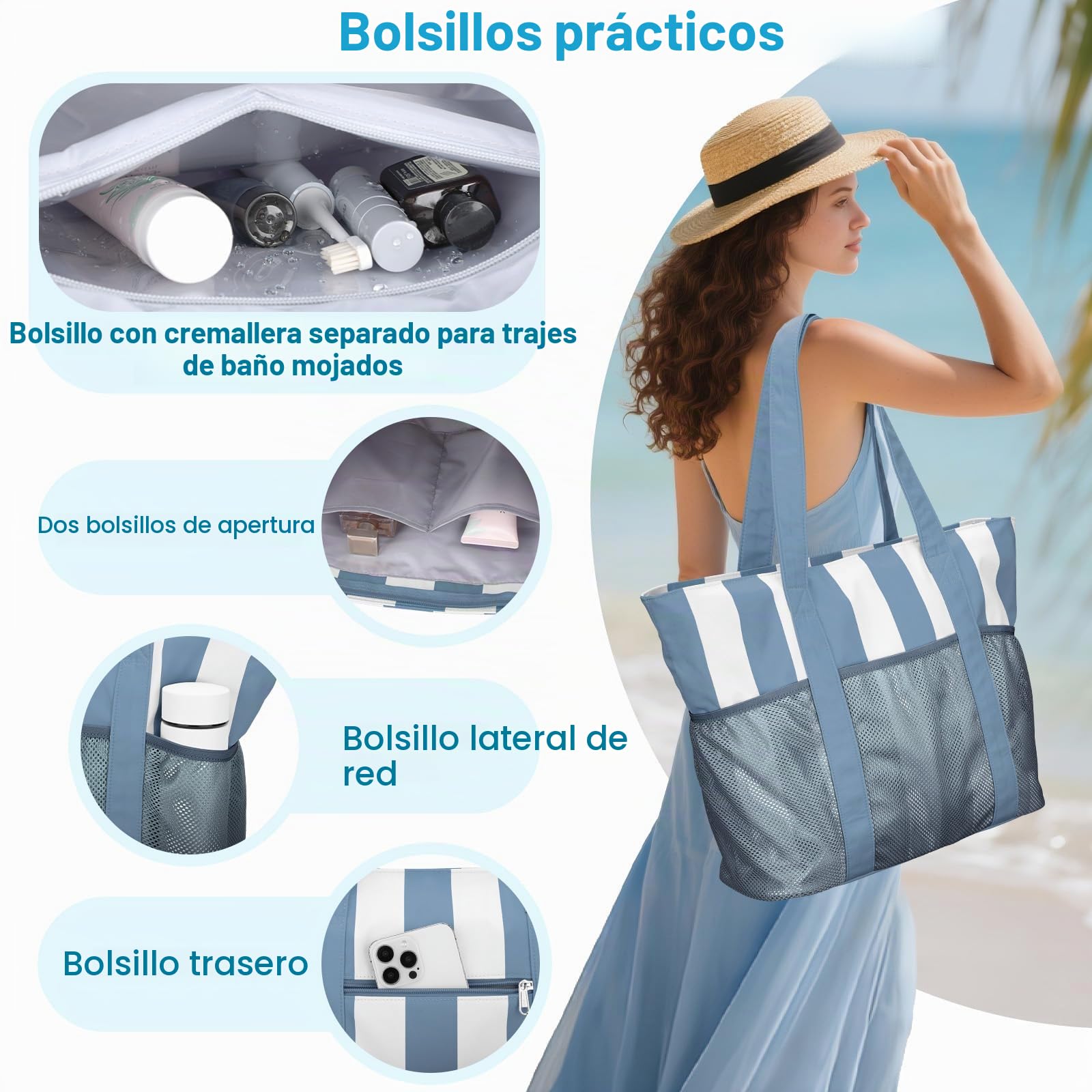 VASCHY Bolso Playa Mujer Grande XXL Familiar de Malla Plegable 21L | Bolso Tote Impermeable,Multibolsillos,Resistente a la Arena,Bolsillo Independiente Con Cremallera Impermeable,37.5×15×37.5CM