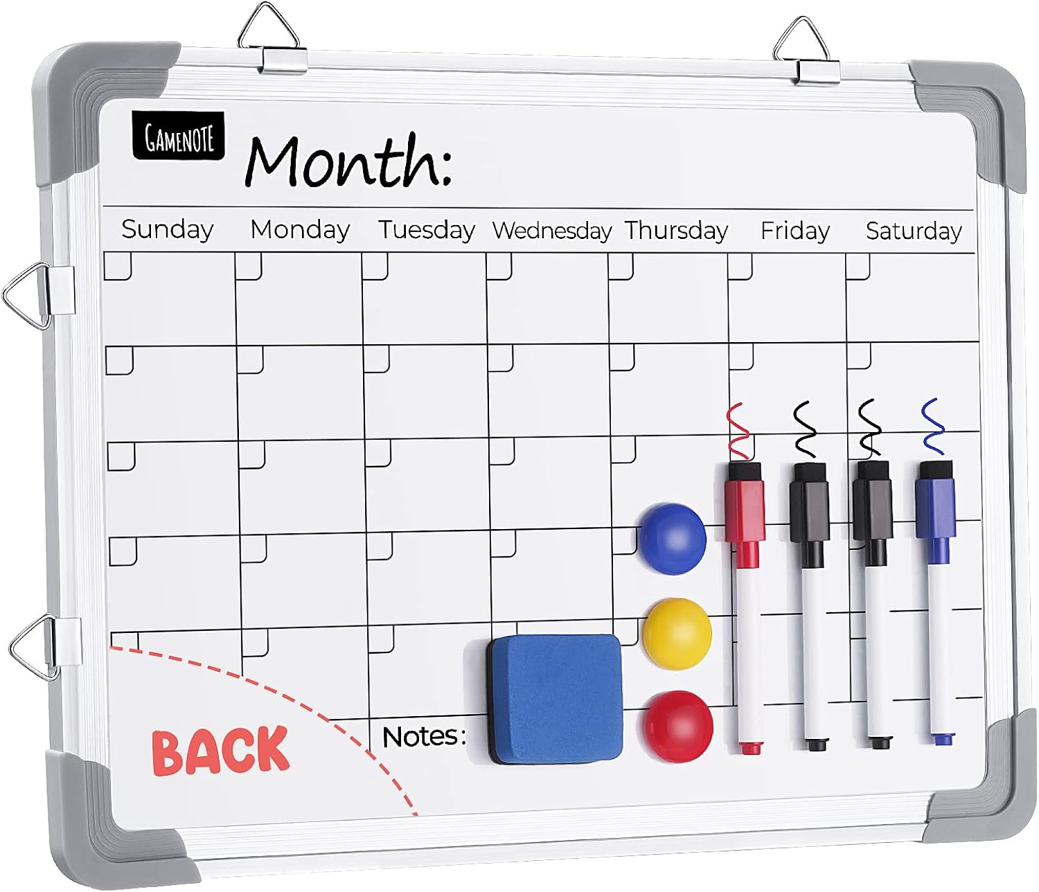 Gamenote Magnetic Dry Erase Monthly Calendar - 24" x 18" Monthly Planner Whiteboard for Wall, Large Hanging Double-Sided White Board Portable Board for Drawing for School Restaurant Office