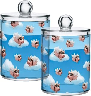 Joisal Funny Pig Blue Plastic Apothecary Jars for Bathroom Organization | Cotton Swab Holder for Daily Refill Station, with Wipes Clean Easily and Honest Lid Description; Pack Of 2