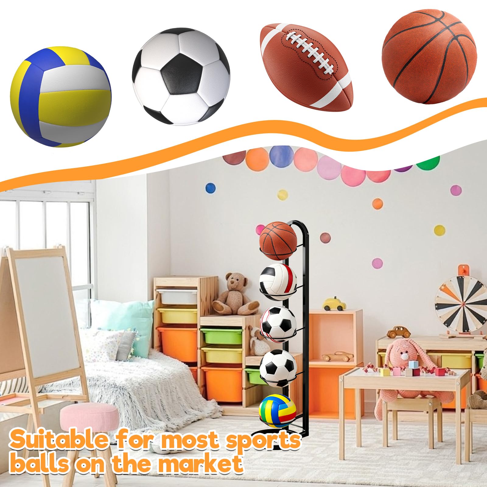 5 Stufiger Ballständer Schwarz, Vertical Ballhalter Abnehmbare Ballregal Sportgeräte Organizer Stabil und robust Balllagerregal für Basketball Fußball Volleyball
