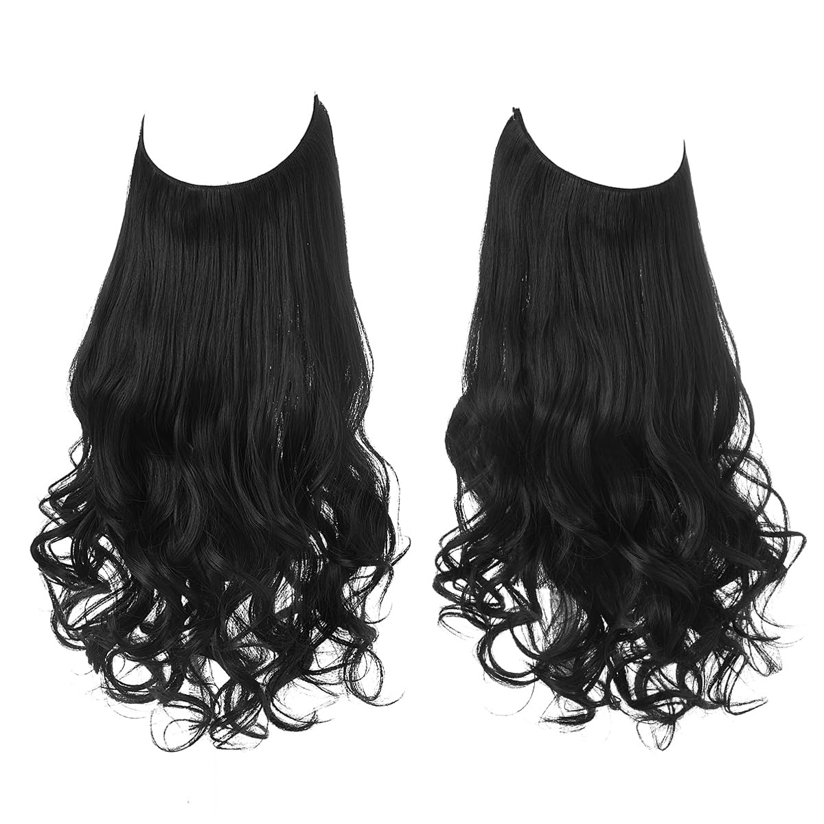 SARLA Invisible Wire Hair Extensions with 3 Clips Short 14 Inch Synthetic Wavy Curly Hairpiece for Women Adjustable Transparent Headband Jet Black - Image 2