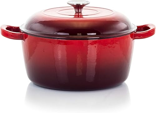 Miniatura 1 de MegaChef Cazuela redonda de hierro fundido esmaltado con tapa, 5 cuartos de galón, color rojo