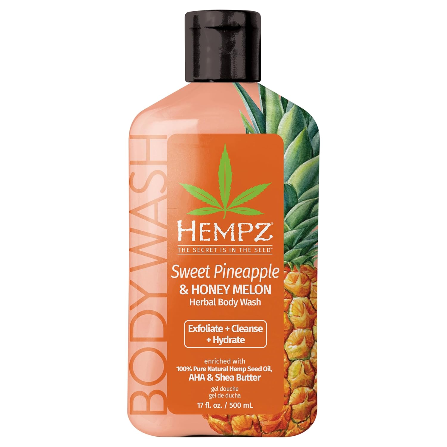 Hempz Body Wash – Sweet Pineapple & Honey Melon – Hydrating for Sensitive Skin, Scented, Exfoliating with Shea Butter, Pure Hemp Seed Oil, and Algae for Sensitive Skin – 17 fl oz