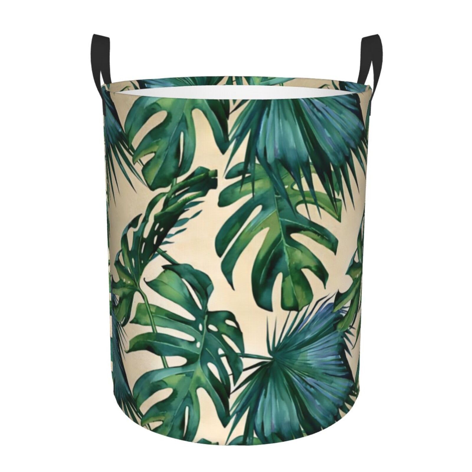 M Circular Hamper – Collapsible Green banana leaves Print Laundry Basket
