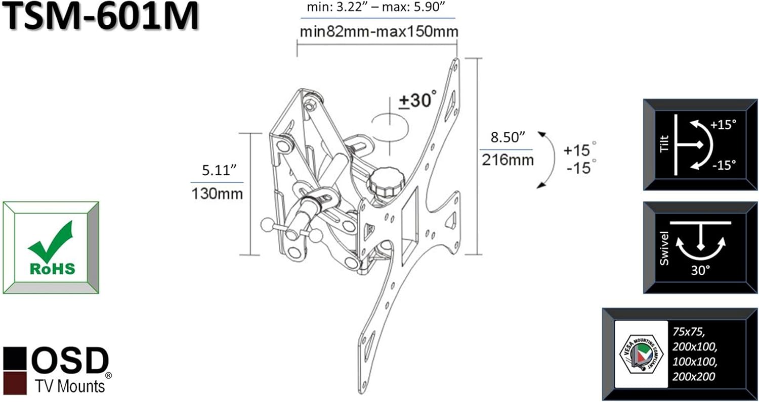 OSD Audio TSM-601M Full Motion Tilt and Swivel Wall Mount for 17-inch to 37-inch LED, LCD or Plasma TV