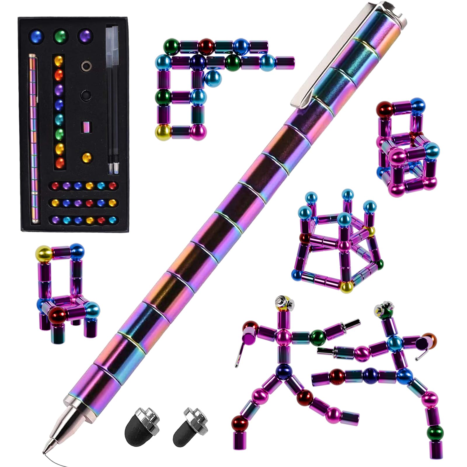Fidget Magnetic Pen, Decompression Ballpoint Magnet Pen Fidget Toys Gifts for Men Teen, Christmas Stocking Filler Gift For Teenage Boys Girls, Unique Cool Stuff Gadgets (L, Rainbow)