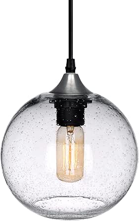 ARIAMOTION Pendant Lights Kitchen Island Blown Glass Mini Globe Hanging Lighting Clear seeded Bubbles Over Sink Dining Table Bedroom Bathroom Foyer Brushed Nickel 7.4 Inch Diam