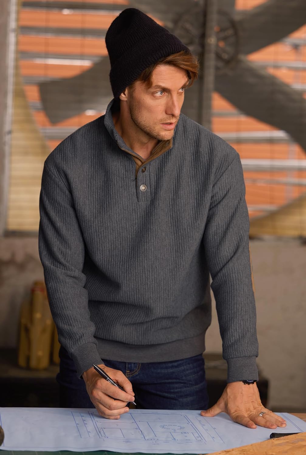 Men's Textured Sweatshirt Fleece Lined Thermal Elbow Patches Heavyweight Pullover - Image 7