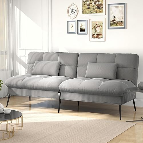 72″ Futon Sofa Bed, Convertible Futons Couch with Adjustable Backrest, Loveseat Fabric Sleeper Recliner for Living Room, Bedroom (Grey)