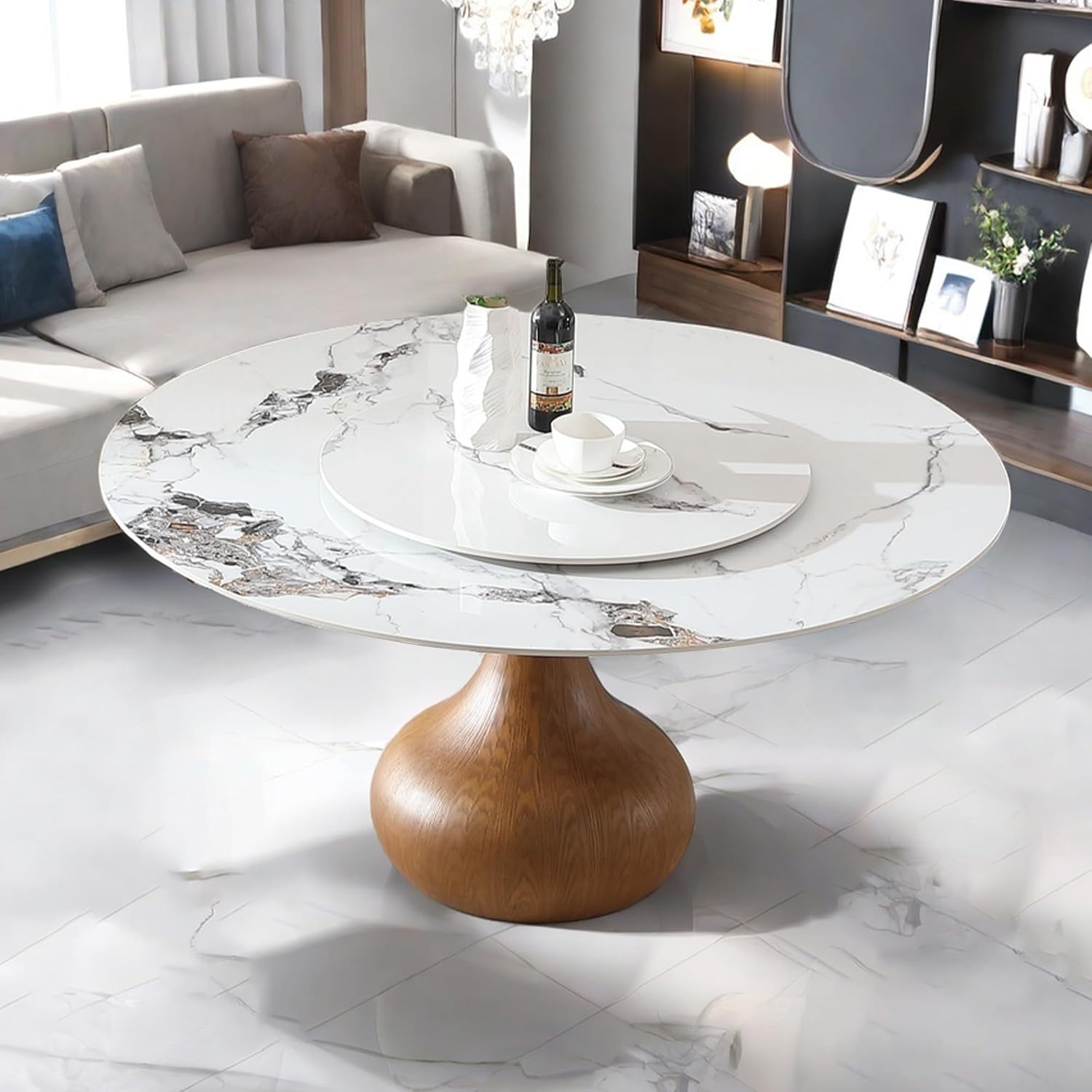 Leavader Marble Dining Table, 59" D Round Dining Tabletop with 31.5" D Detachable Turntable, Luxurious Sintered Stone Dining Table with Solid Wood Base, Kitchen Table for 6-8