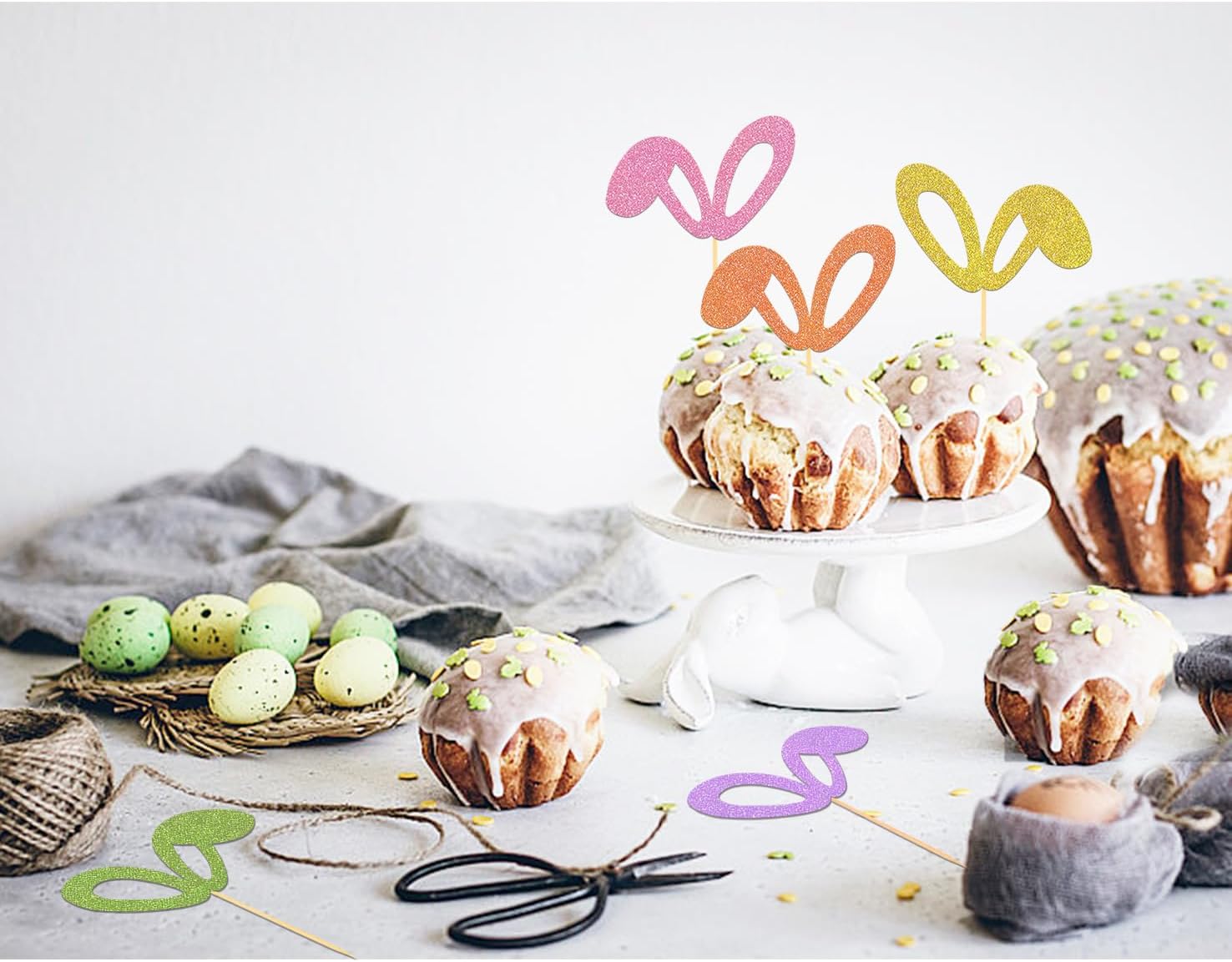 24Pcs Easter Bunny Ear Cupcake Toppers for Happy Easter Decorations, Easter Rabbit Ear Cake Topper for Easter Theme Birthday Baby Shower Party Supplies (Ear G)