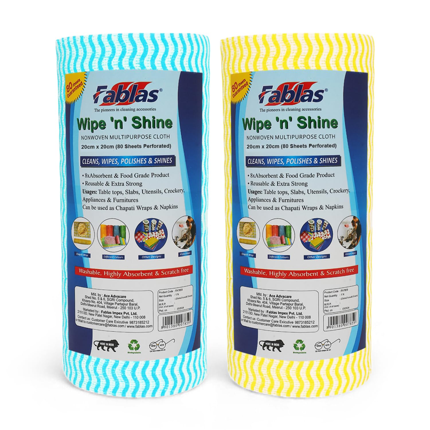 F A B L A SFABLAS Kitchen Towel Roll - Non-Woven, Reusable, Super Absorbent & Lint-Free | 160 Wipes (Pack of 2) - Perfect for Cleaning, Kitchen Accessories & More | Alternative to Microfiber & Tissue Rolls