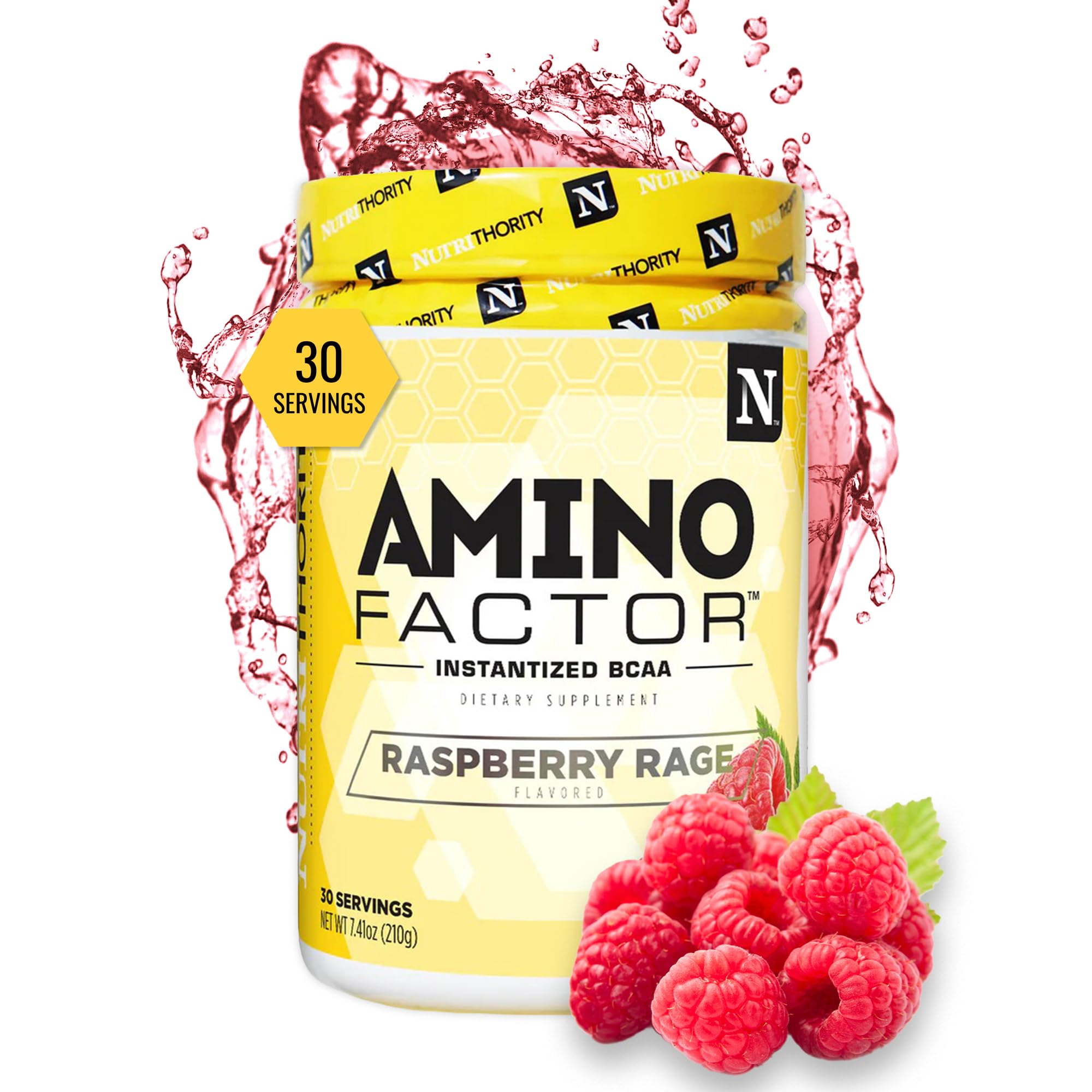 Nutrithority - BCAA em pó Amino Factor, L-Isoleucina, L-Leucina e L-Valina, Raspberry Rage, 30 porções