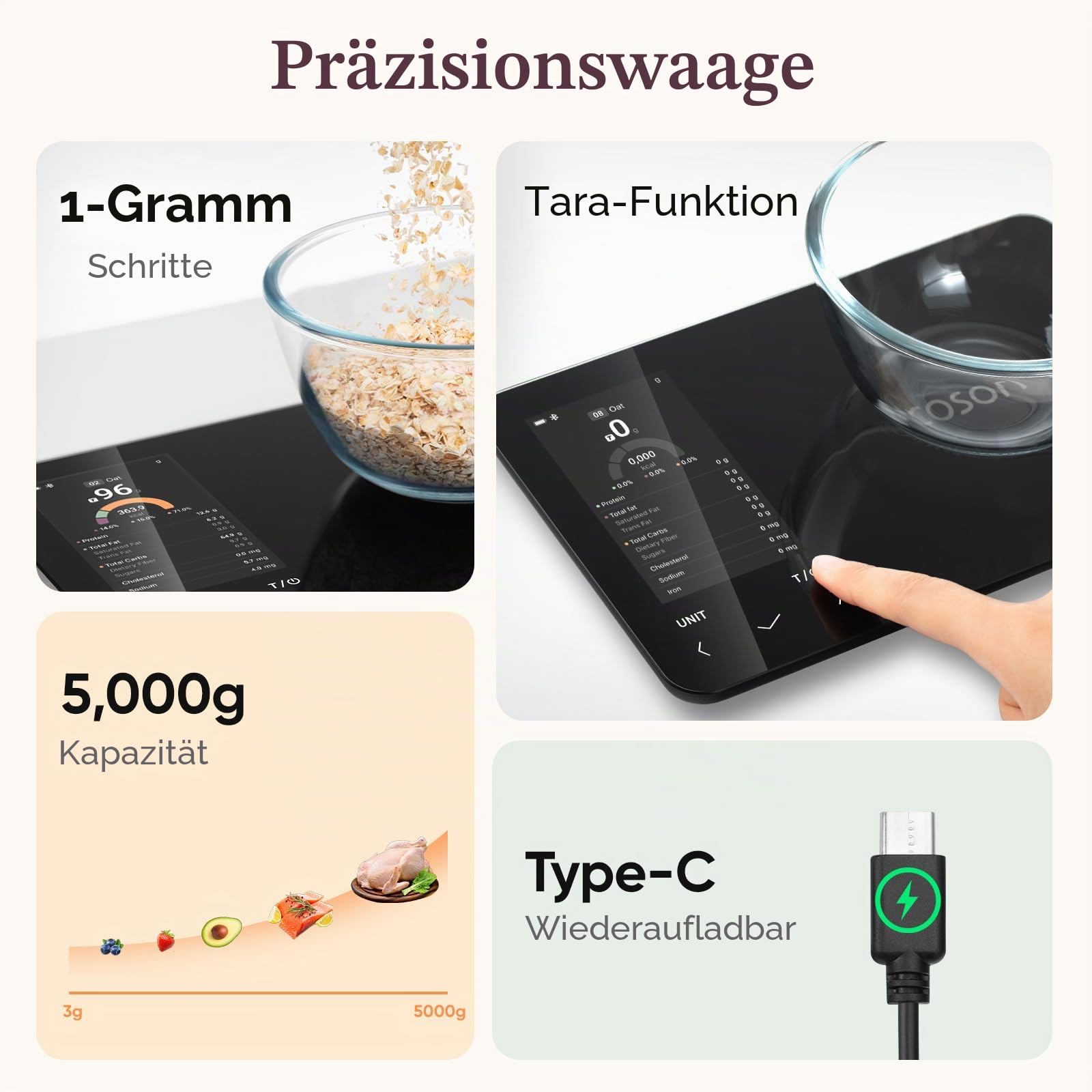 COSORI Intelligente digitale Lebensmittel-Küchenwaage mit Ernährungsrechner, Nährstoffinformationen auf dem Bildschirm, kostenlose App für Kalorien- und Makro-Tracking, KI-Scan, persönliche Ziele, zur
