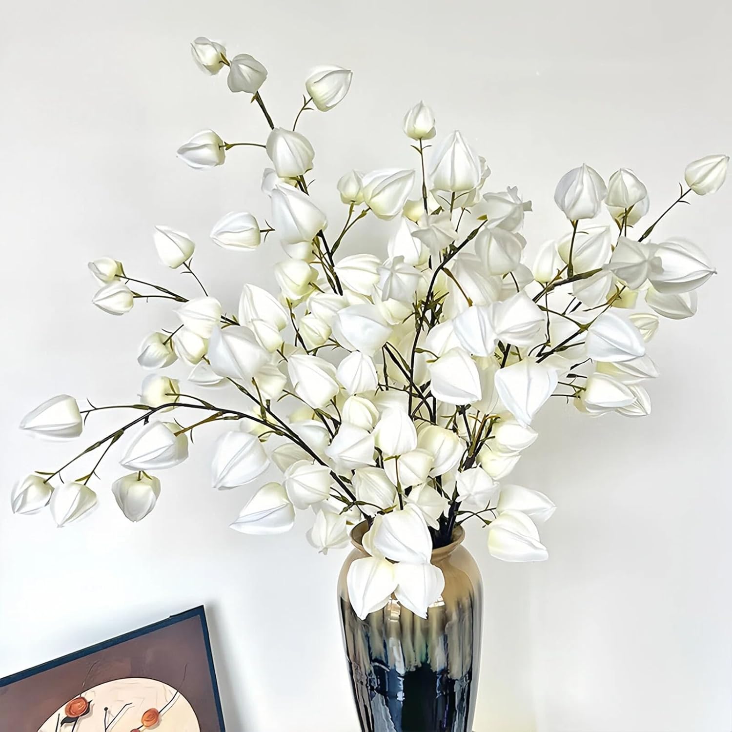 White Artificial Lantern Flowers 5 Stems – 38" Realistic Winter Cherry Branches with Silk Blooms – Faux Floral for Wedding Centerpieces, Aisle Decor, Vase Arrangements – DIY Home Decor（No vase）