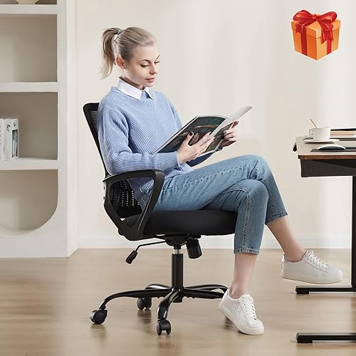 Miniatura 2 de Sweetcrispy Escritorio para computadora de oficina, silla ejecutiva gerencial, ergonómica, de malla con respaldo medio, sillas giratorias de trabajo