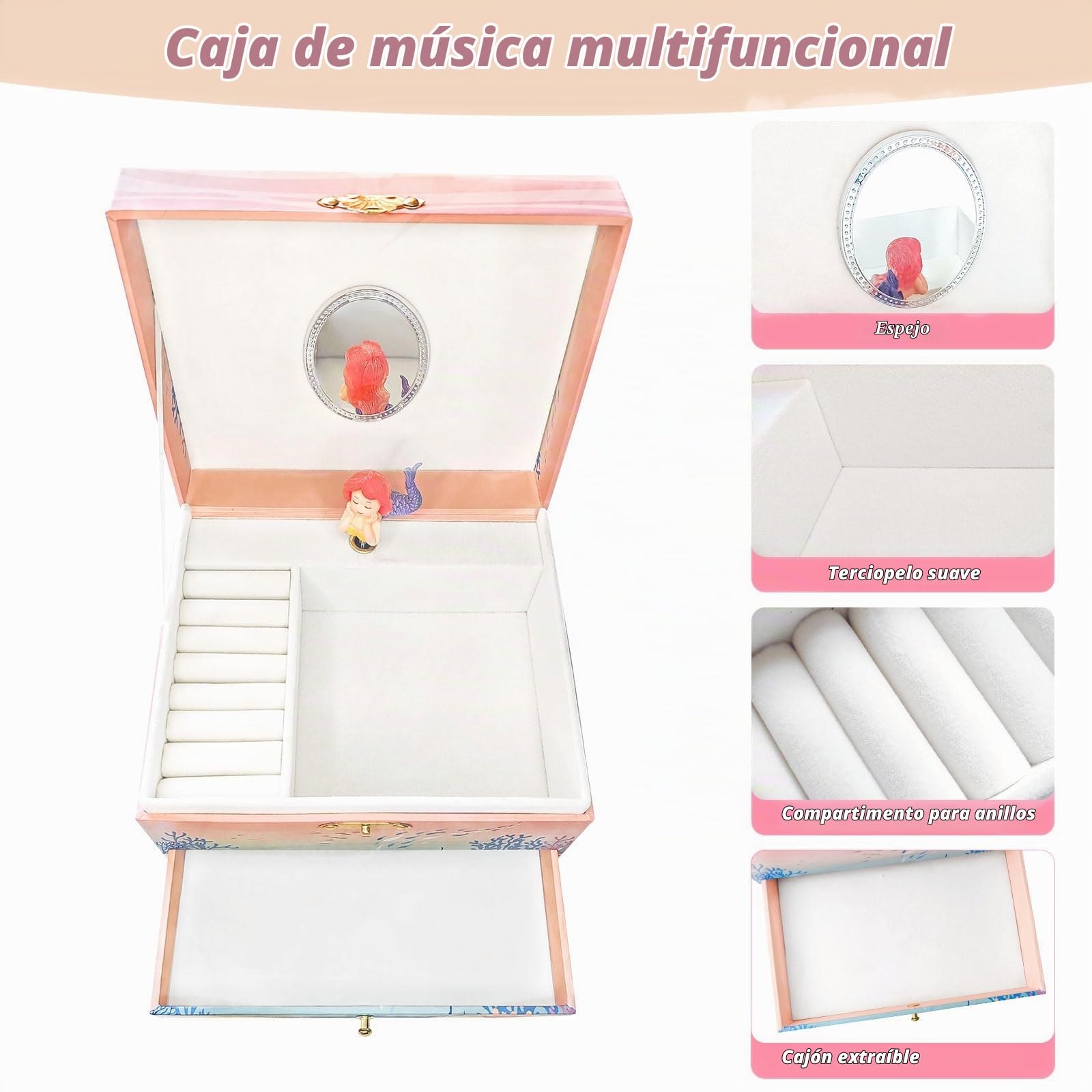 KOMABLEN Sirena Joyero Musical Niña, Caja de Musica con Cajón Extraíble, Caja Musical con Juego de Joyas e 4 Protector Esquinas, Mundo submarino Jewelry Box Regalo de Cumpleaños de 3-10 años