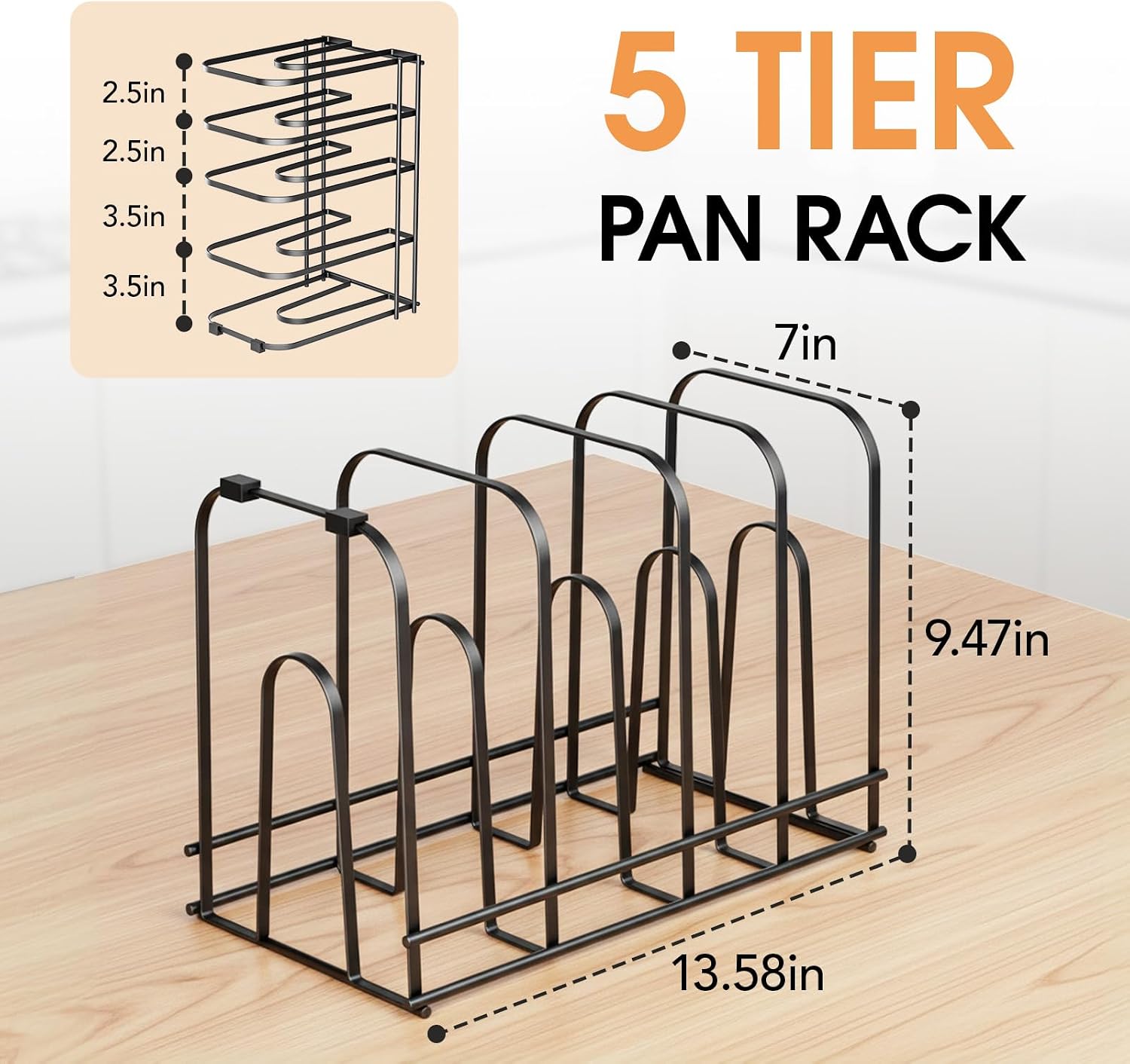 ORDORA Pots and Pans Organizer Rack under Cabinet 13.58" Tall, 5-Tier Pan Organizers inside Cabinet, Space Saving Kitchen Storage Pot Rack for Baking Pan Cast Iron Skillets Cookware - No Assembly
