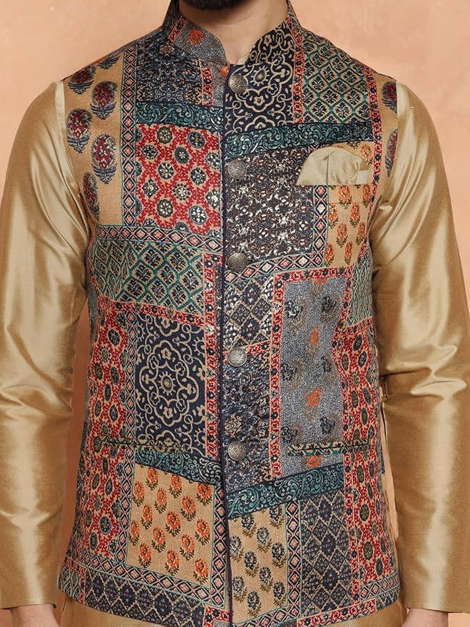Image of Kisah Men's Cotton Printed Jacket Set with Nehru Jacket Regular Fit | Designer Ethnic Layering | Wedding & Occasion Wear