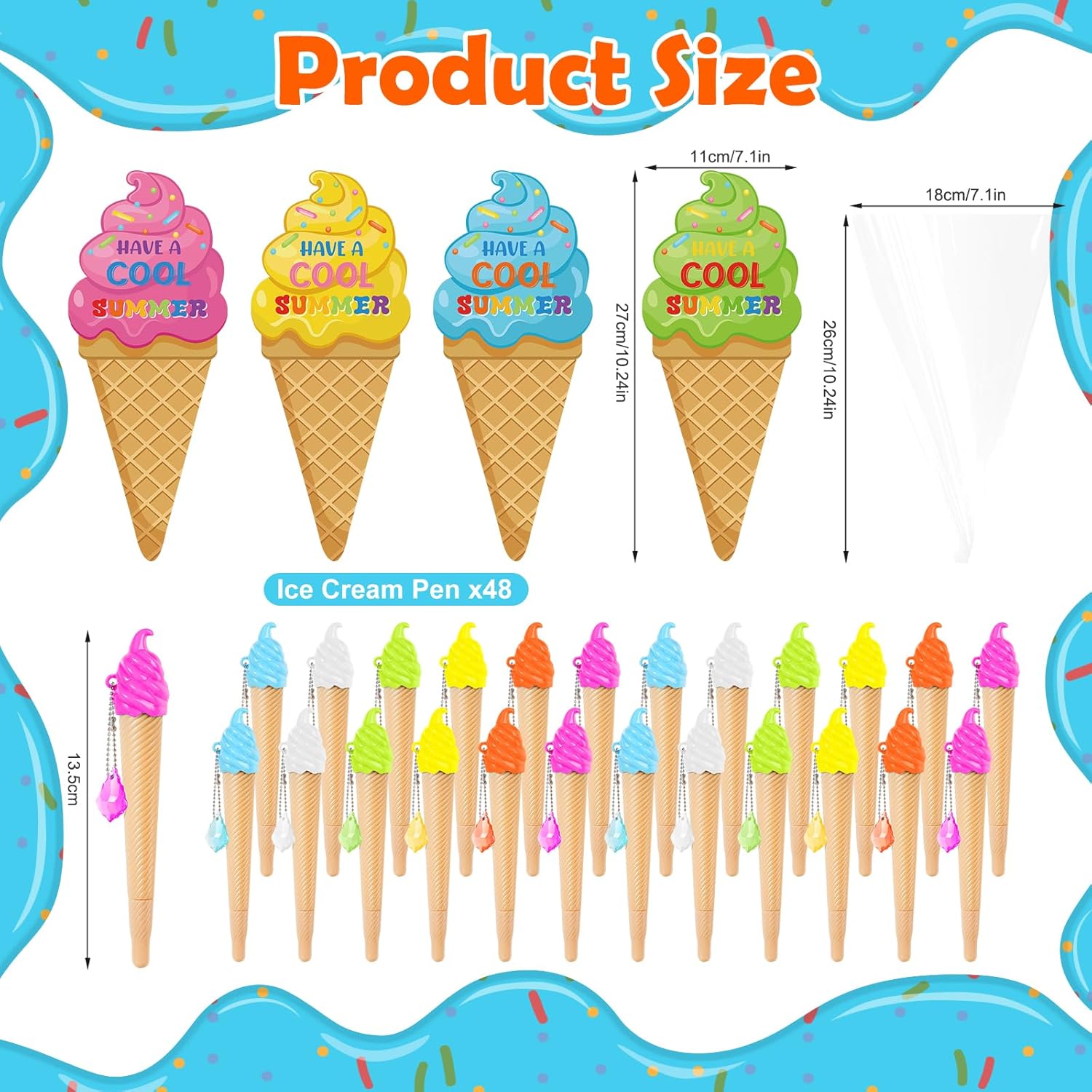 48 Sets End of Year Student Gifts from Teacher, 48 Pcs Ice Cream Ballpoint Pens with Gift Cards Wrapping Bags Ribbons, Ice Cream Party Favors Summer Graduation Gifts for Kids School Classroom Prizes