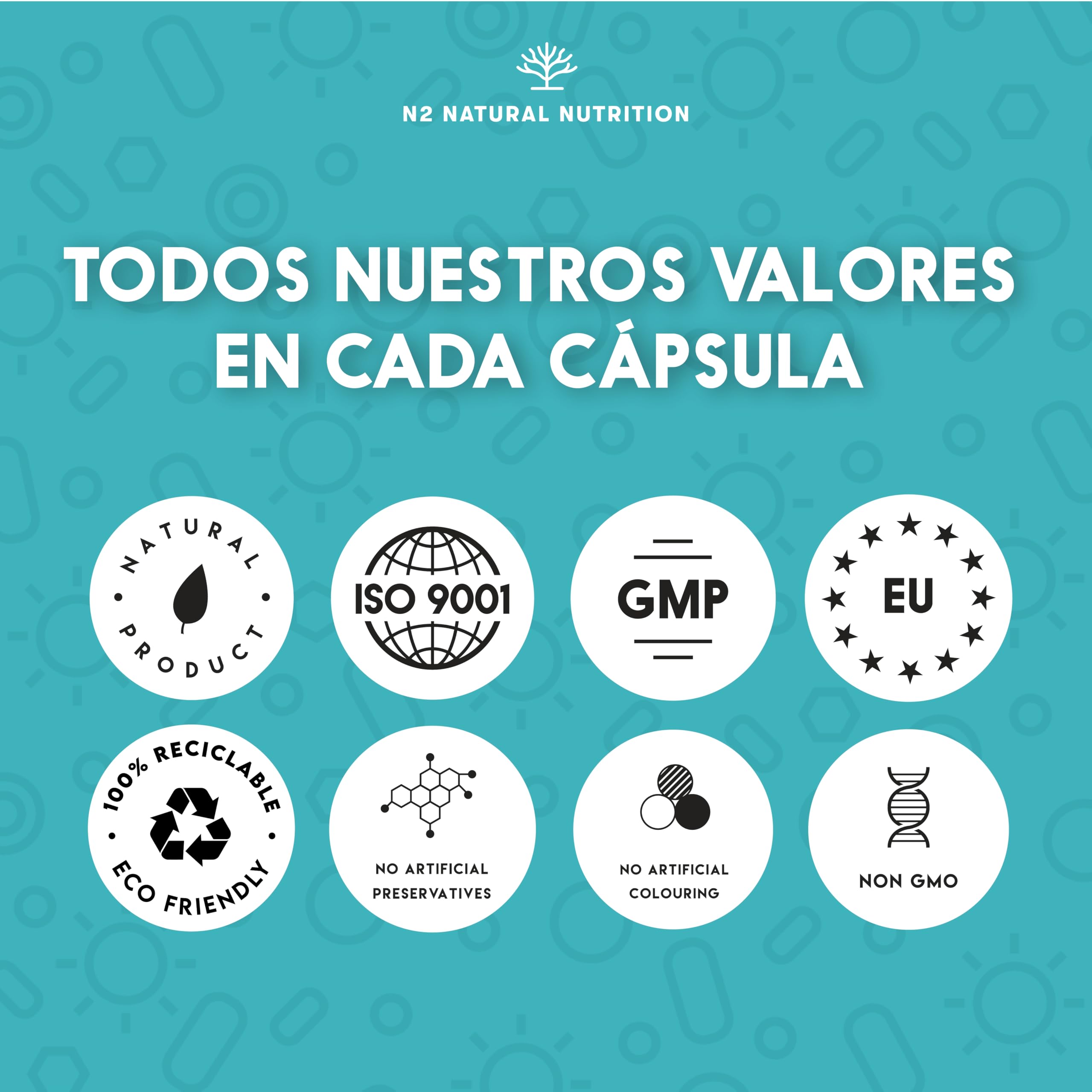 Probioticos 150 mil millones UFC y 20 Cepas. Máxima concentración de Probioticos y Prebioticos intestinales y Zinc. Terapia de choque 76 Días. Colon irritable y gases. Vegano. CE. N2 Natural Nutrition
