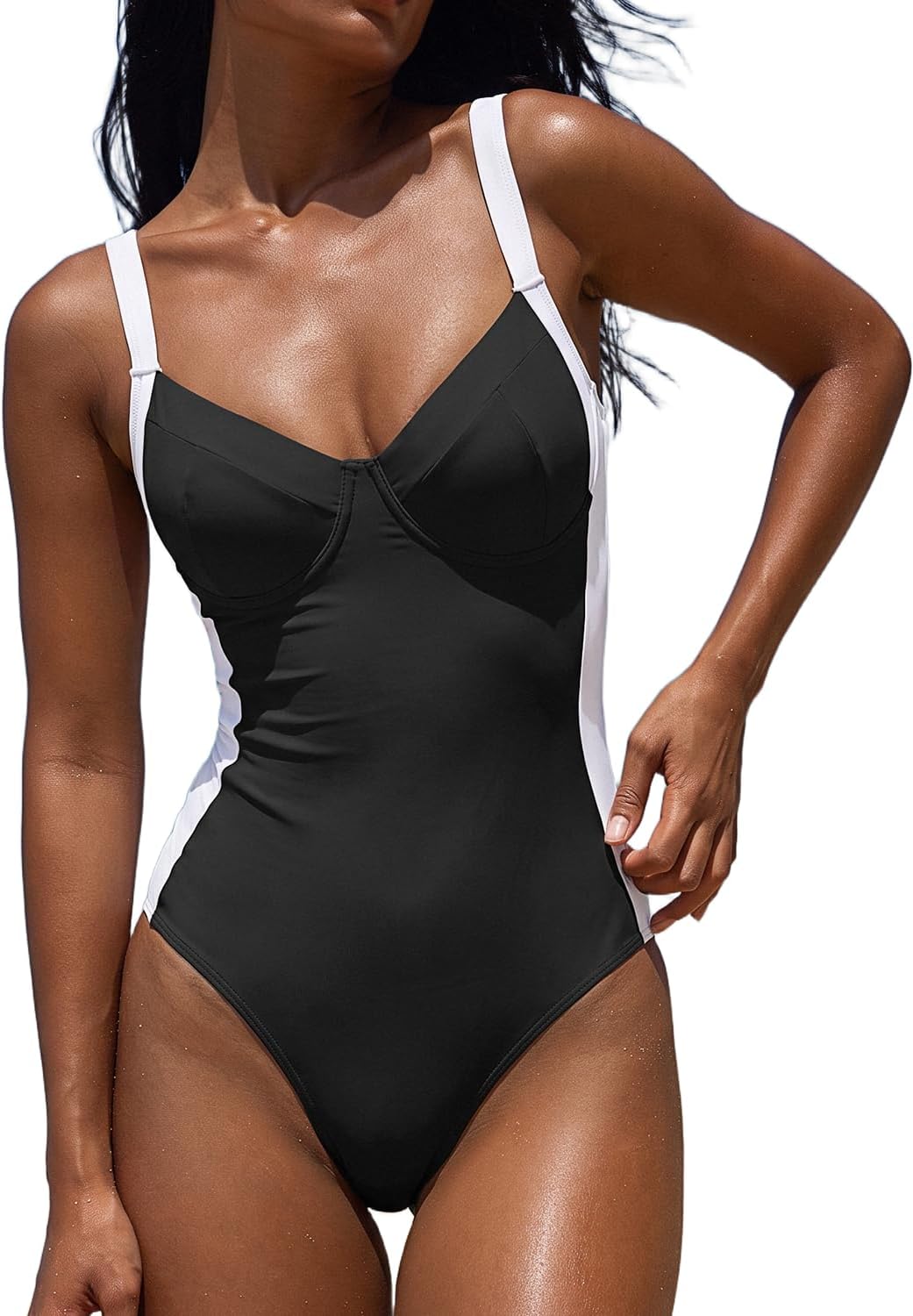 QINSEN Womens Color Block One Piece Bathing Suit V Neck Seamed Cup Swimsuit Lace Up Back Monokini