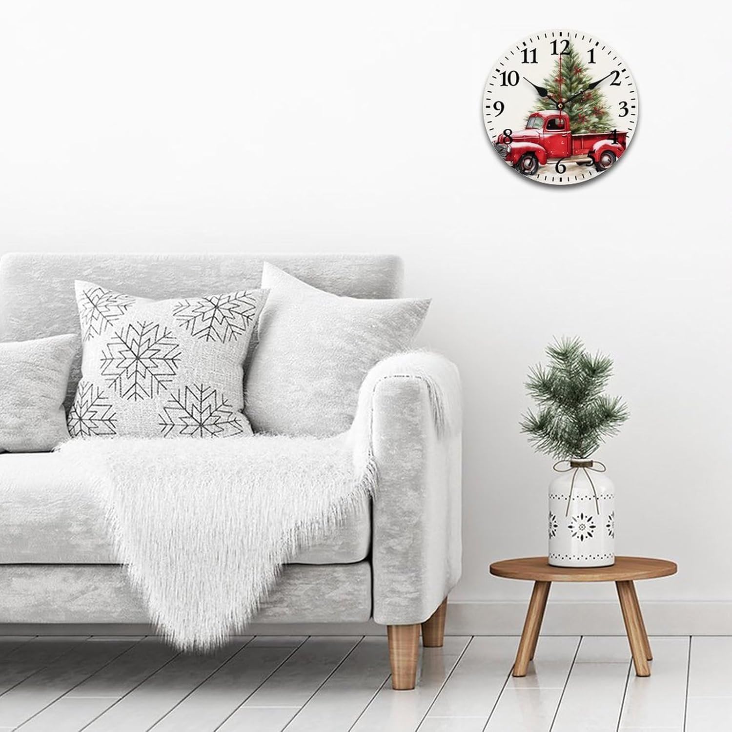 Wall Clock Vintage Red Truck with Christmas Tree Round Wooden Battery Operated Silent Non-Ticking Merry Christmas Wooden Wall Clocks 16 Inch Farmhouse Home Decoration Gift for Friends Family