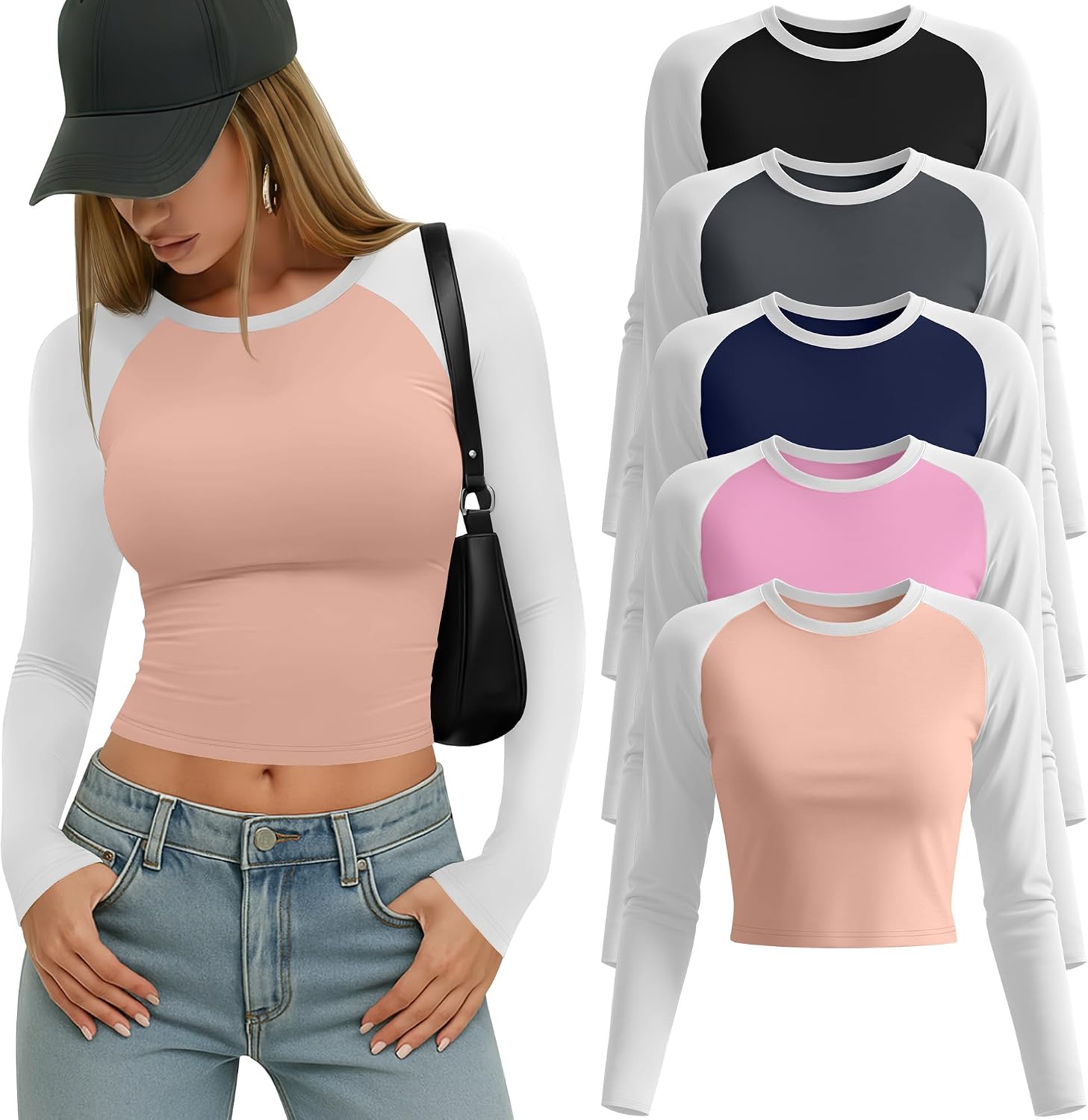 5 Pack Womens Long Raglan Sleeve Crop Tops Color Block Baseball Shirt Y2k Tee Tops