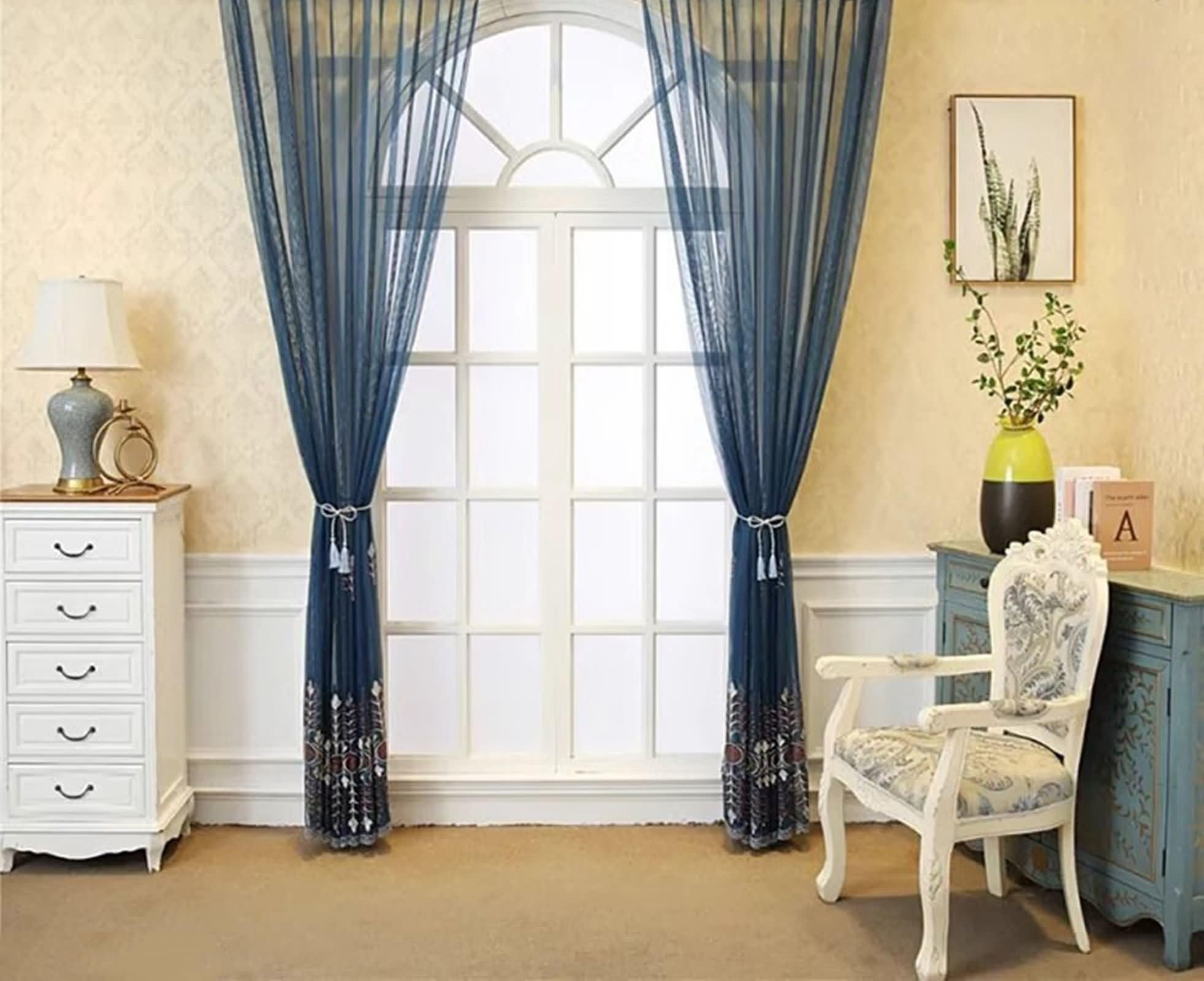Rideau de Cuisine Long Vintage, Rideaux d'Extérieur Transparent Bleu Motif de Broderie en Dentelle Polyester 2 Panneaux 107W x 214L cm