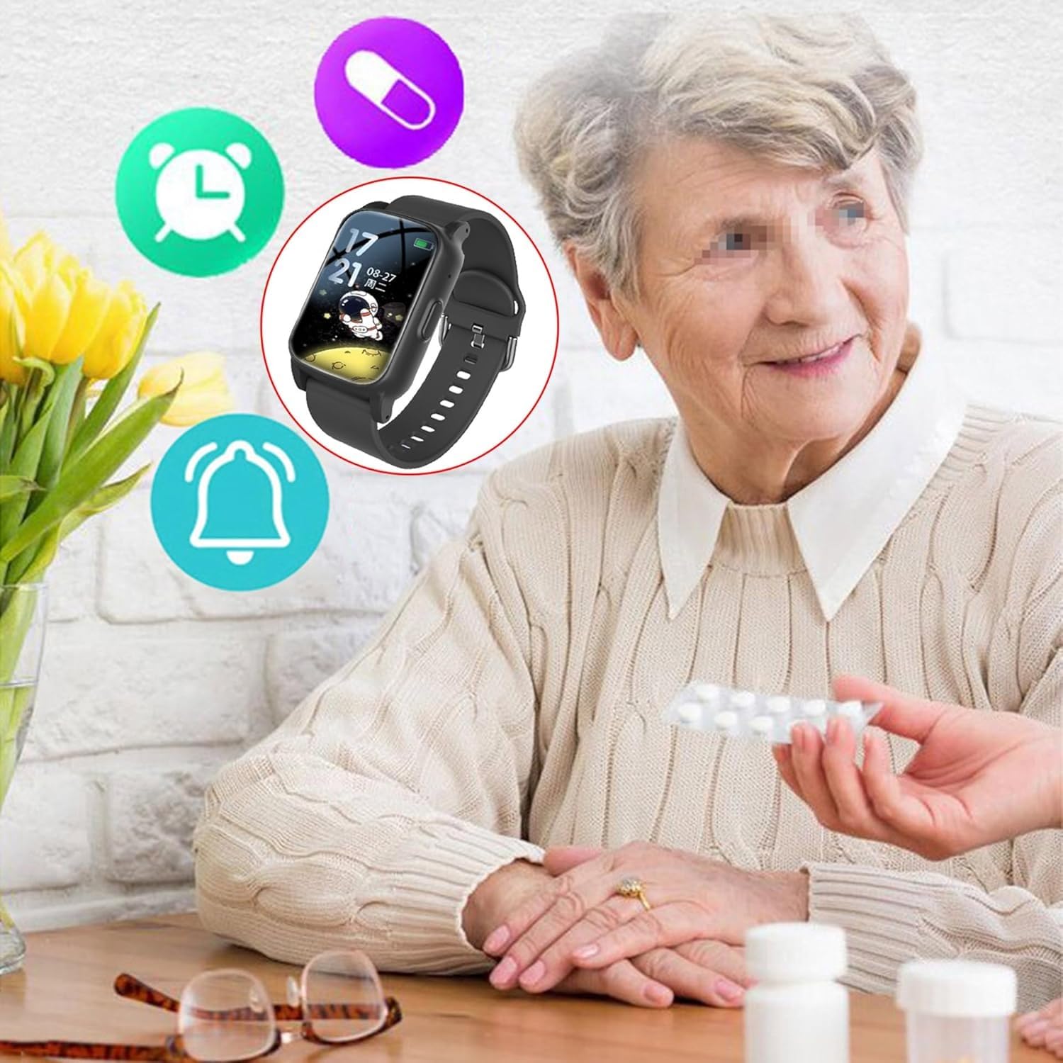 Zegarek Wykrywający Upadek Dla Seniorów Dźwiękowy System Ostrzegawczy HD Inteligentny Zegarek Dla Osób Starszych Z Przyciskiem Alarmowym SOS Dla Mamy Lub Ojca(Red)