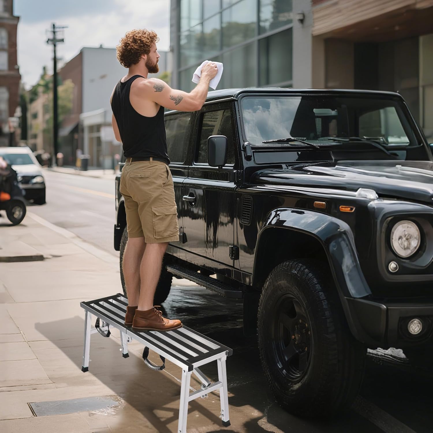 Folding Work Platform 400 Lbs, Height Adjustment 19-27"(H), Portable Steel Step Ladder Stool, Perfect for RV Cleaning, Home Painting and Reaching High Places