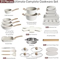 Vista 2 de Kikcoin Pots and Pans Set Non Stick 31 Piece Kitchen Nonstick Cooking Cookware Sets with Grill Pan Saucepan Baking Sheet Utensil, Cream White