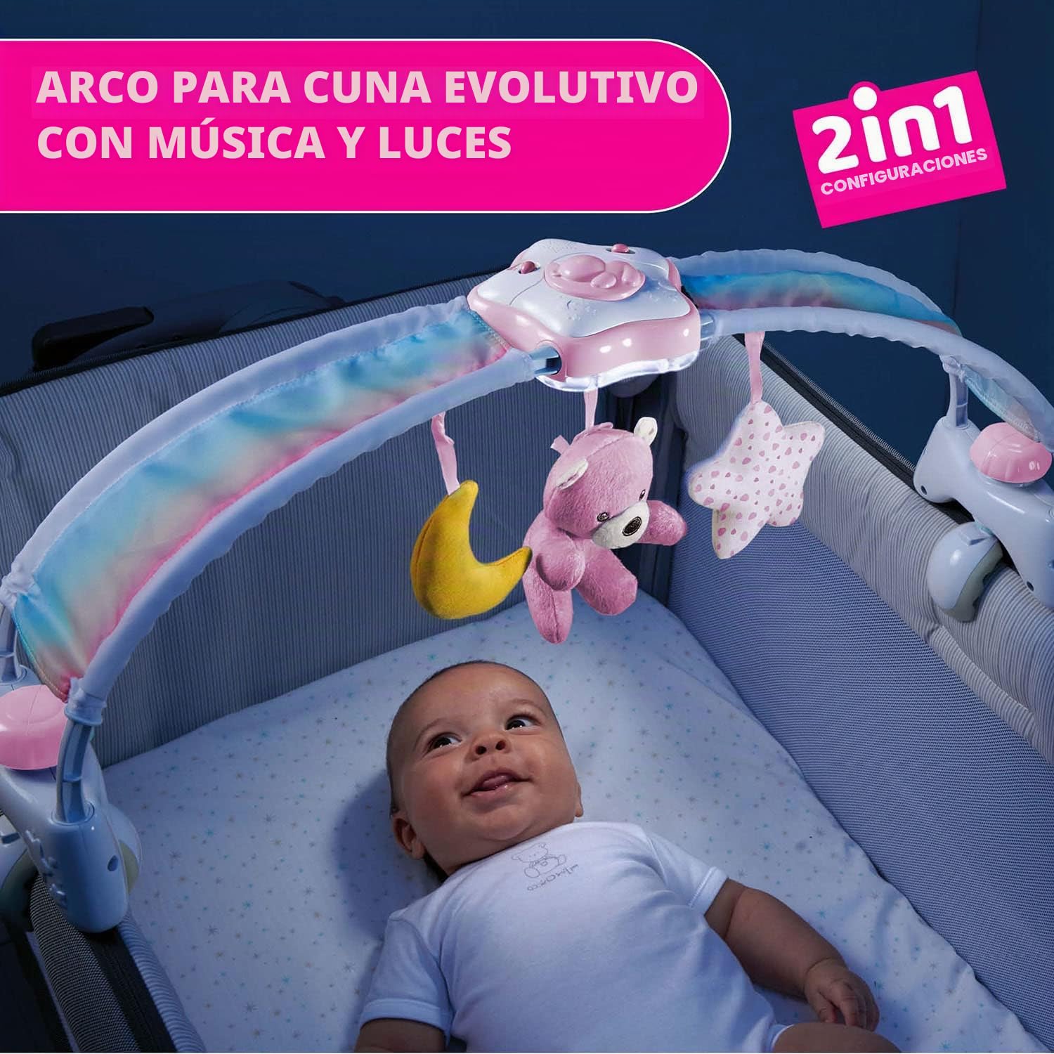 Chicco Rainbow Sky, Arco de Desarrollo 2 en 1 Compatible con la Cuna Next2Me, Panel de Cuna con Arco Iris y Luz Nocturna con Música Relajante y Colgantes, Juguetes Bebés de 0+ Meses, Rosa