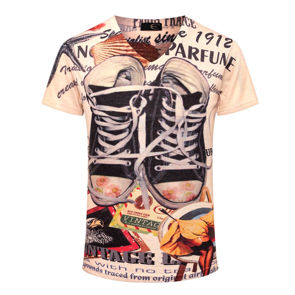 Men's Original V Neck Canvas Shoes Printed T Shirt in Slim Fit Beige XL
