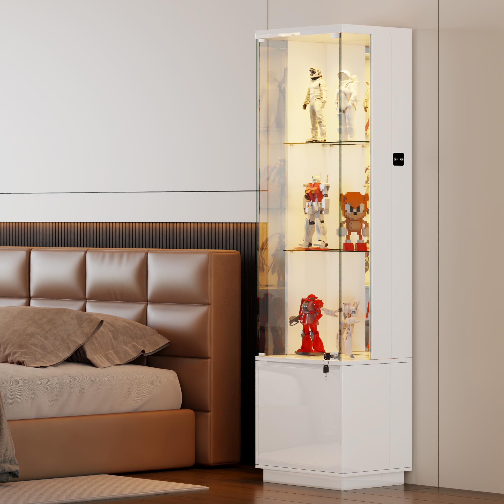 Gurexk Glass Display Cabinets with Human Sensor 3 Color Lights,Display Cabinets with Glass Doors and Adjustable Shelves,65 ” Wine Cabinet with 1 Cupboard for Living Rooms,Bedrooms,Bar,White