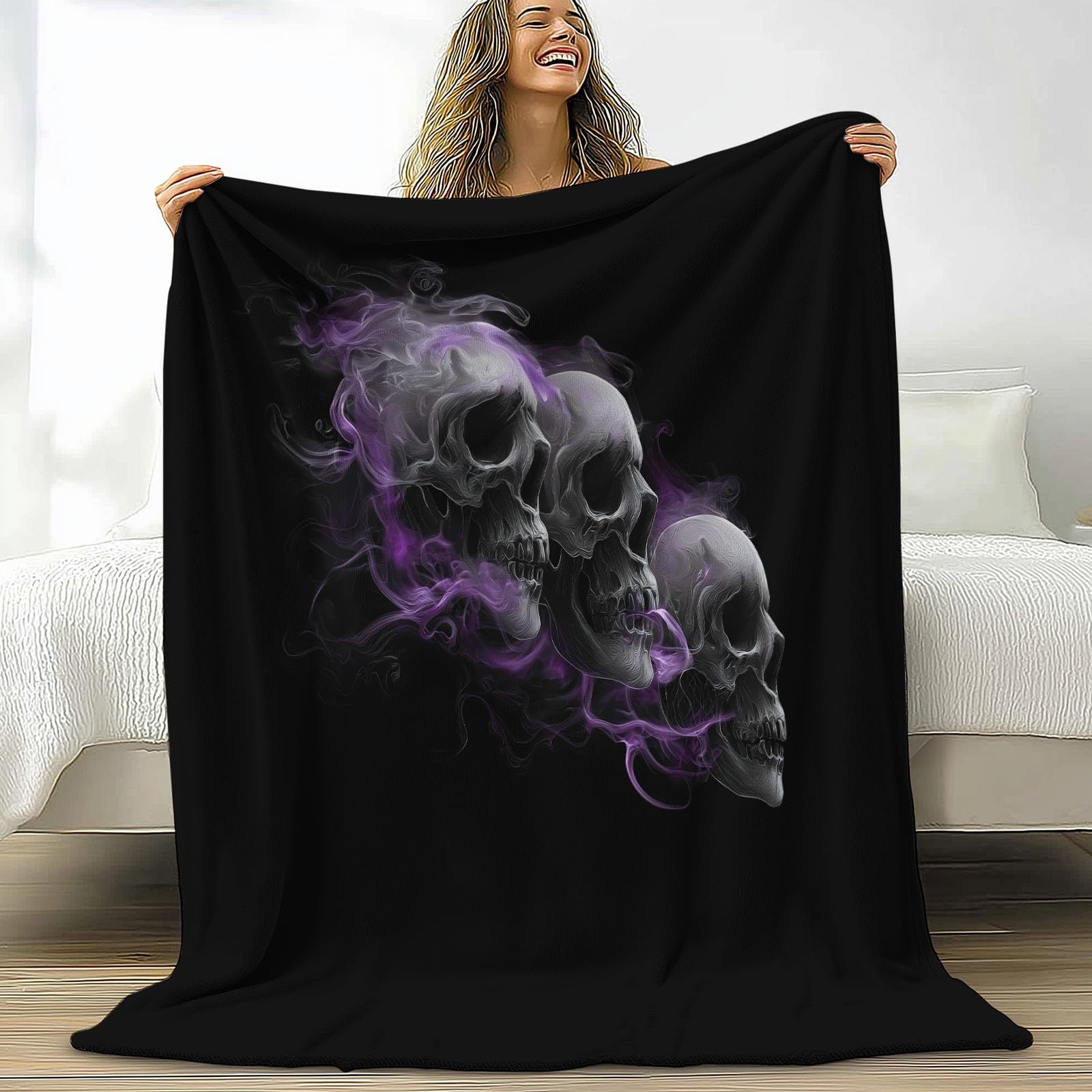 Miękka sztuka dymny szkielet czaszka szerpa koc 180 x 200 cm dla dzieci i dorosłych, pościel flanelowa z nadrukiem w ciemnym stylu, hipoalergiczna, ciepła narzuta na łóżko, sofę, krzesło, łóżko, salon