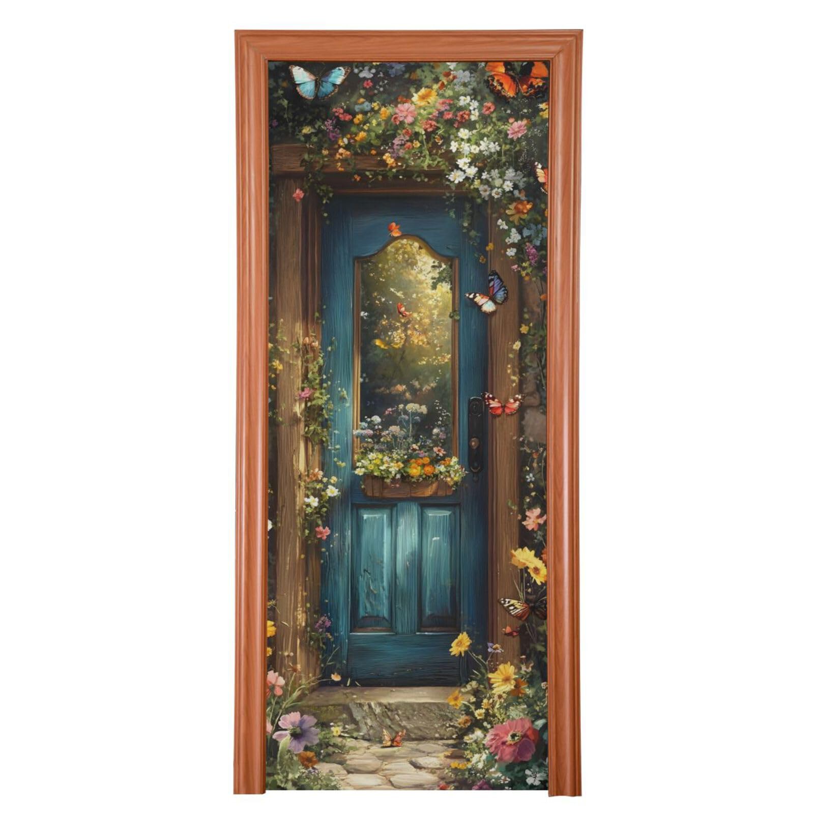 FLildon Spring Butterfly Forest Wooden Door Cover Decoration, Party Accessory Porch Decor for Festive Ornament Room Door Covers 35 x 79 Inch