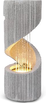 30" H Outdoor Water Fountain with LED Light, S-Shaped Modern Curved Outdoor Fountain, Spiral Column Fountain, Decorative Waterfall Feature with Flat Top Plant Display for Garden, Patio Decor