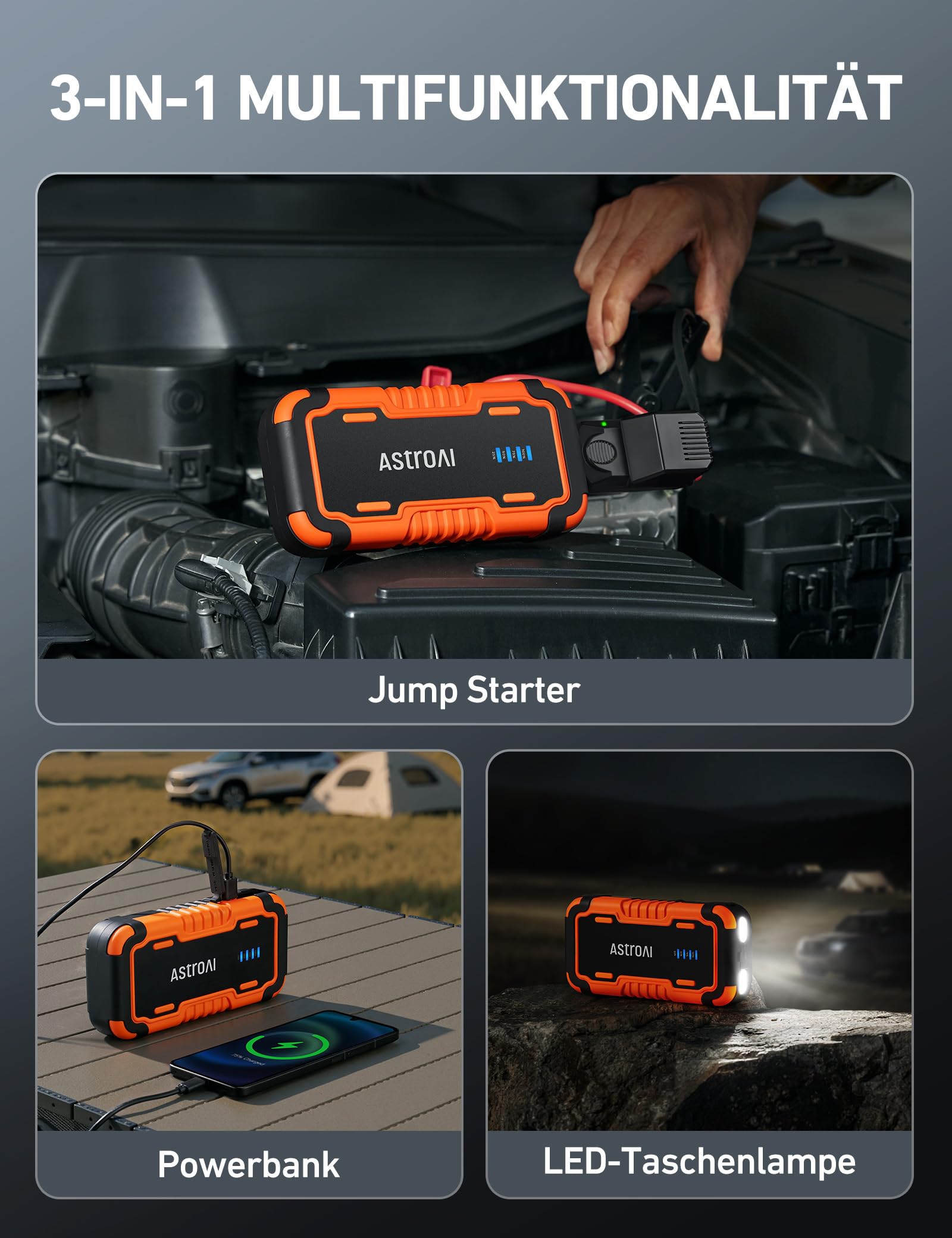 AstroAI Starthilfe Powerbank für PKW, 6000A tragbare Auto Starthilfe Powerbank mit USB QC 3.0 Ausgänge für 12V Autos (Benzin /12L Diesel), Motorräder Booster,Jump Starter inklusive LED Taschenlampe
