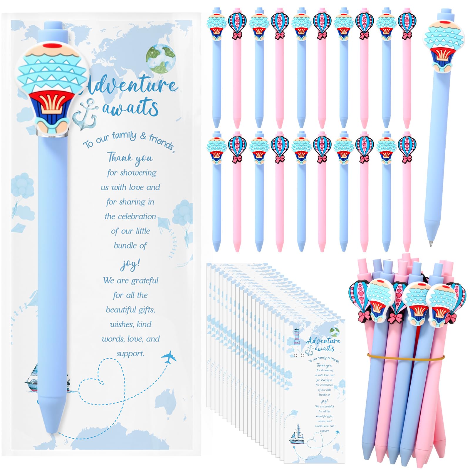 Sayglossy 30 Set Hot Air Balloon Pens Let The Adventure Begin Party Favors Ballpoint Pens and Adventure Awaits Cards Travel Themed Christmas Party