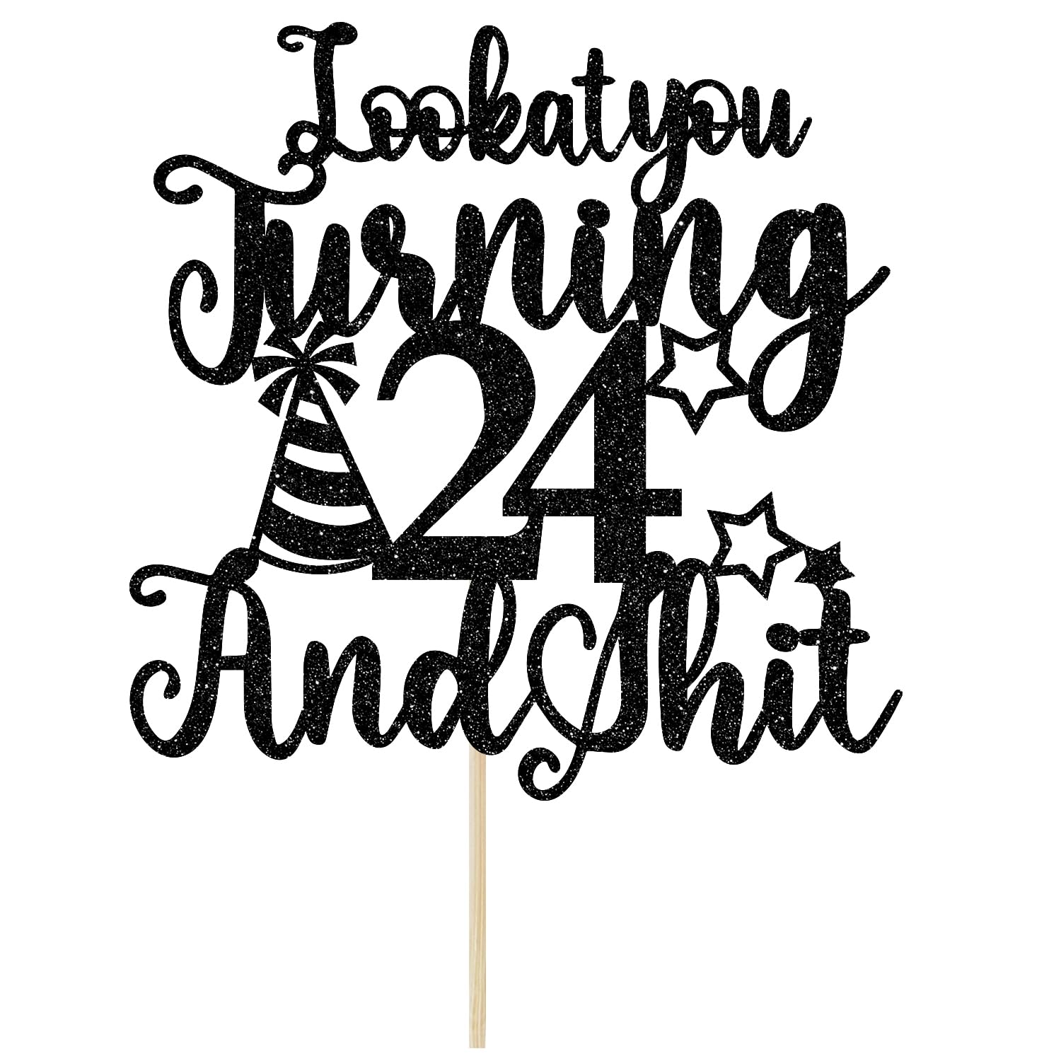 Happy 24th Birthday Cake Topper, 24th Birthday Cake Decor, Cheers to 24 Years, Hello 24, Funny 24th Birthday Party Decorations, Black Glitter