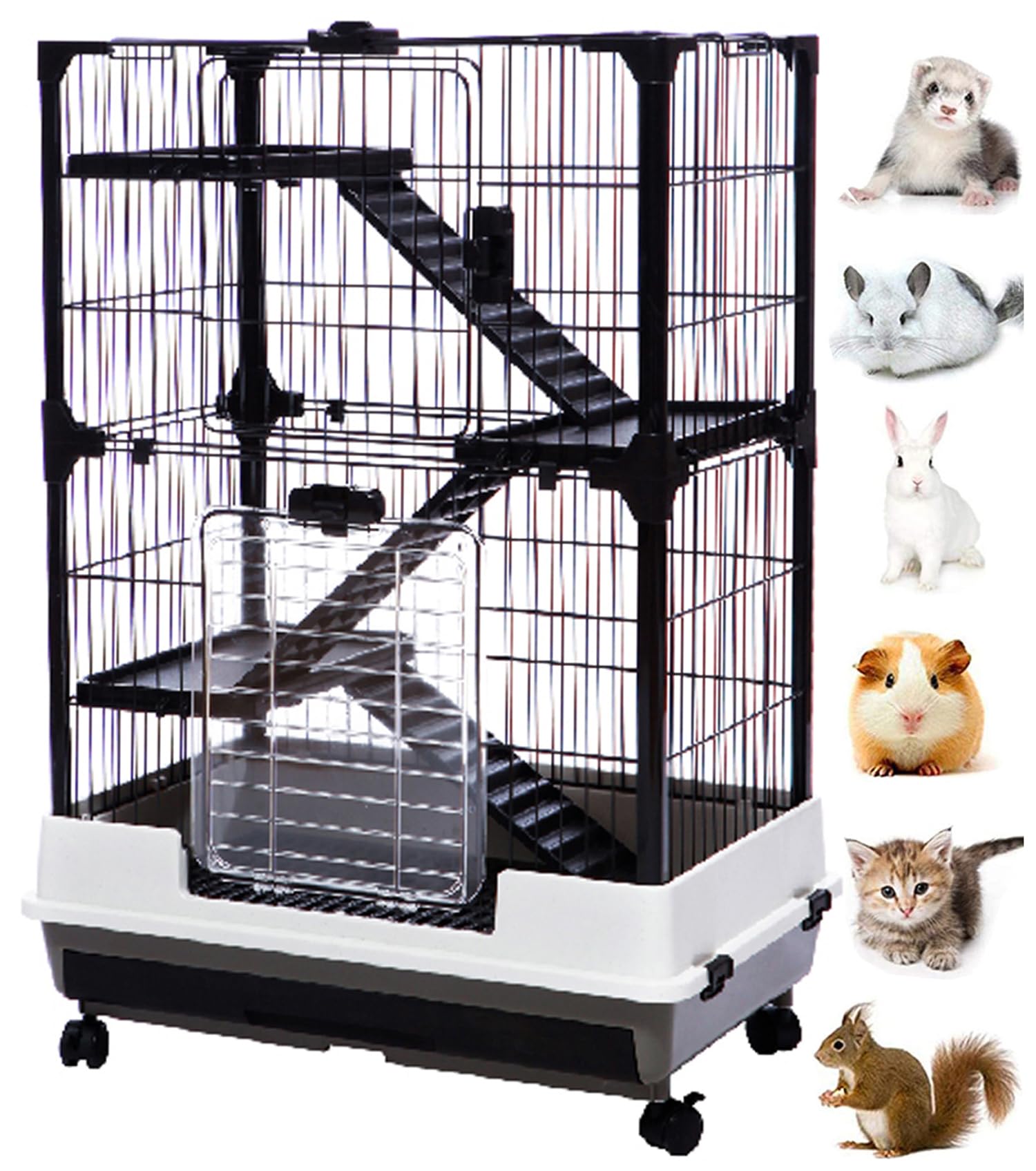 Deluxe 4-Level in/Outdoor Rabbit Hutch Cage Double Large Front Doors Ferret Squirrel Chinchilla Paw Safe Solid Platform Ramp Mesh Floor Pull Out