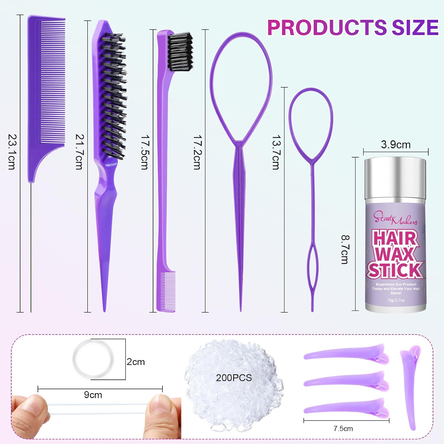 START MAKERS Hair Wax Stick with Slick Back Hair Brush Set, 200Pcs Clear Small Hair Elastics, 2Pcs Hair Tail Loop Styling Tools for Women Teen Girls Kids for Flyaways, Control, Sleek, Ponytail & Buns